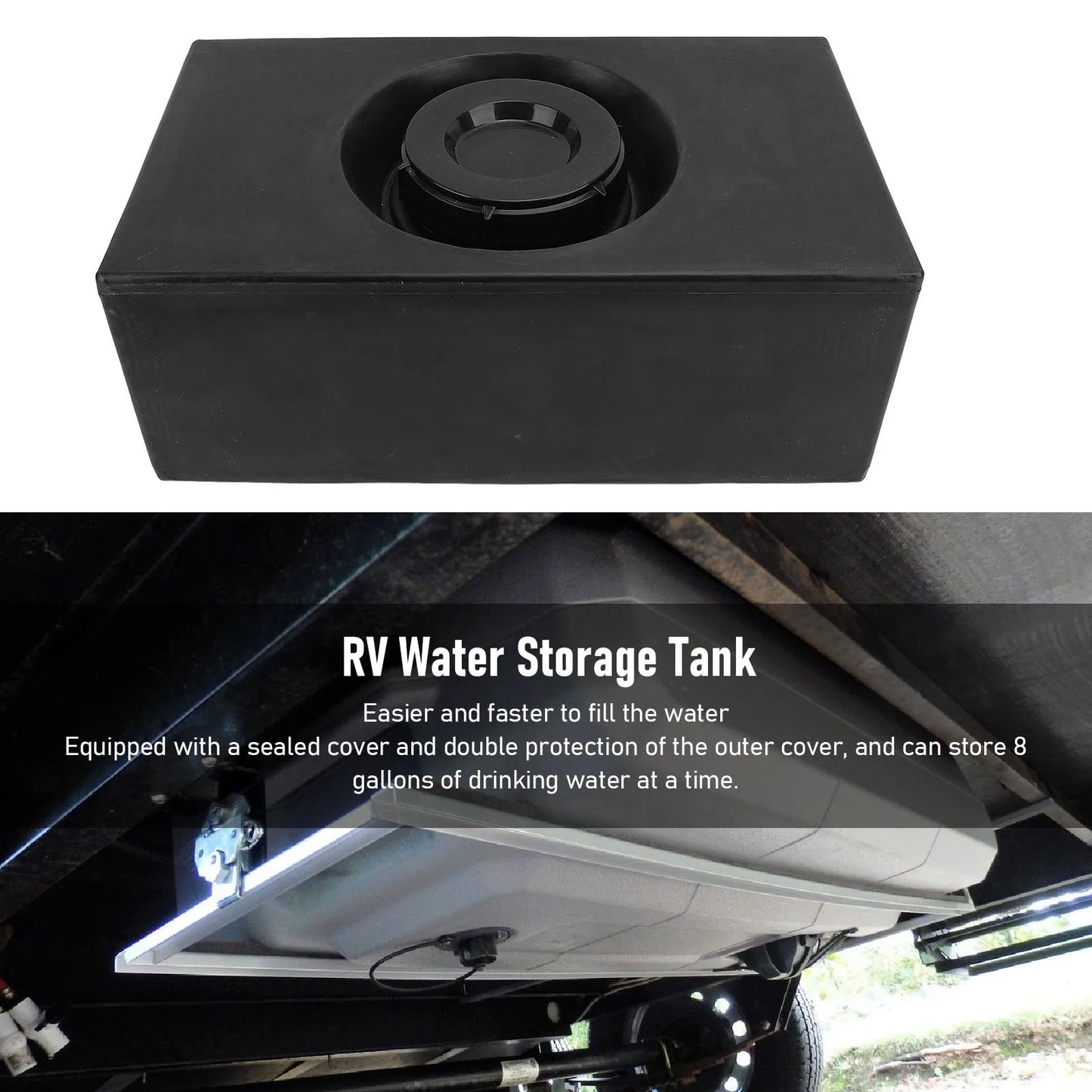 Réservoir de stockage d'eau pour camping-car, 8 gallons, PE de qualité alimentaire, réservoir de maintien d'eau douce LLDPE pour remorque, camping-car, bateau, Yacht, noir