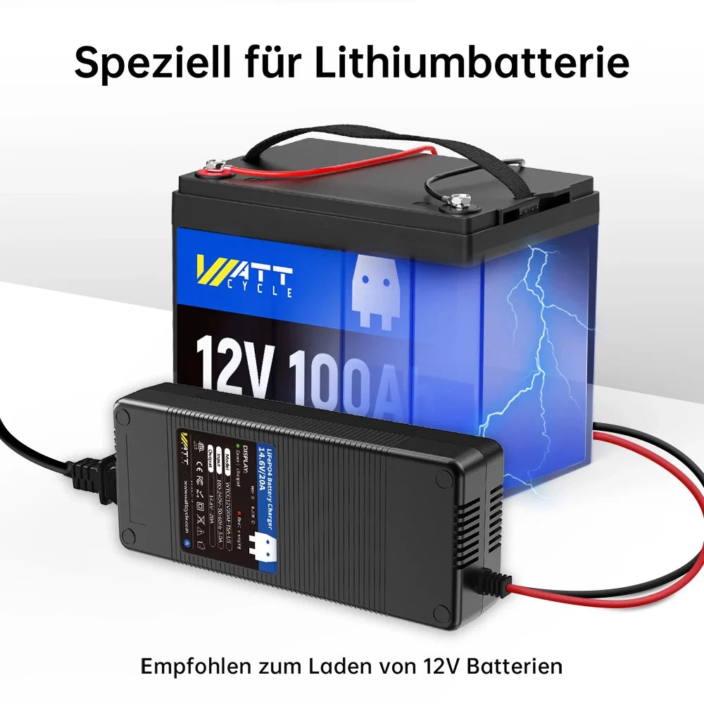 Wattcycle 14.6V 20A chargeur de batterie intelligent LiFePO4 110-220V 4S 12V chargeur haute puissance pour batterie au Lithium fer Phosphate
