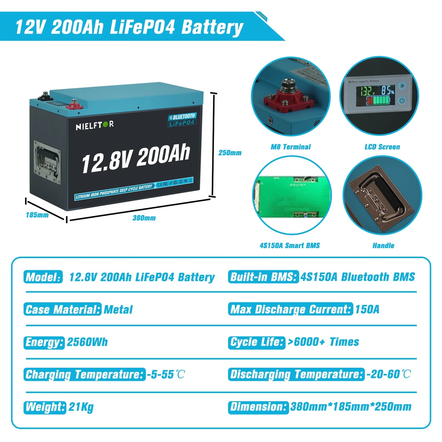 Batterie LiFePO4 12V 24V 48V 100Ah 200Ah 300Ah, BMS intégré, cellules de qualité A, 6000 + Cycle PL, Stock ue