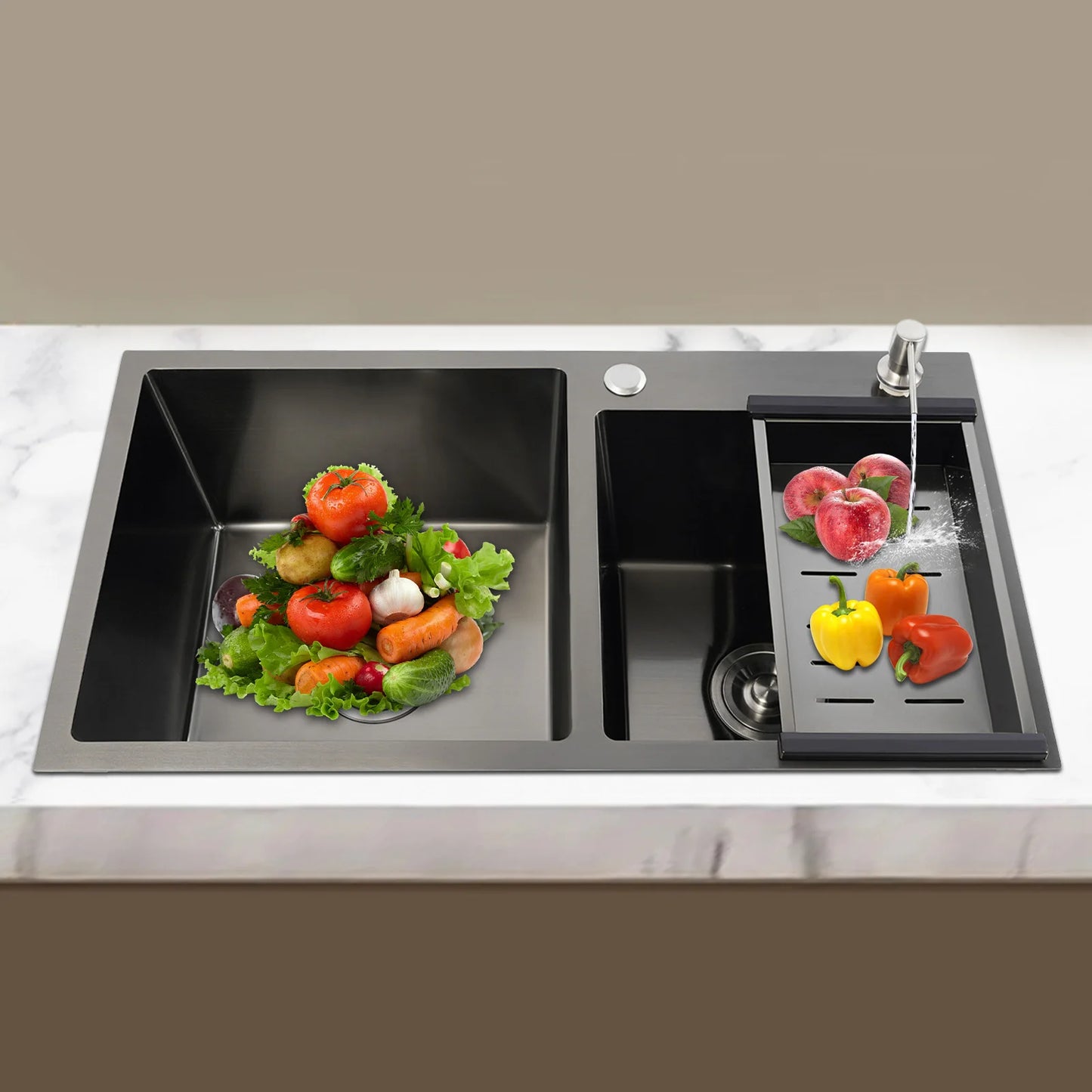 Évier de cuisine moderne en acier inoxydable, diamant noir 7843PB, double évier, égouttoir + distributeur de savon pour nettoyer la vaisselle et les légumes