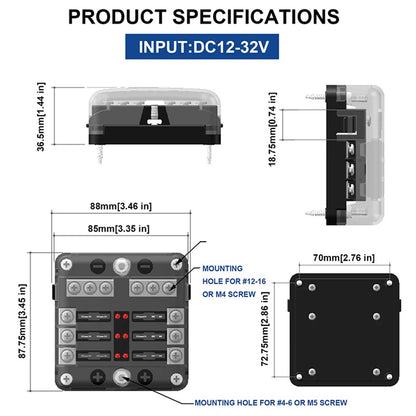 Bloc de fusibles à lame universel 12 voies 6 voies 12V 32V, boîte porte-fusible de voiture, interrupteur de connecteur de fusible automatique marin avec indicateur lumineux LED