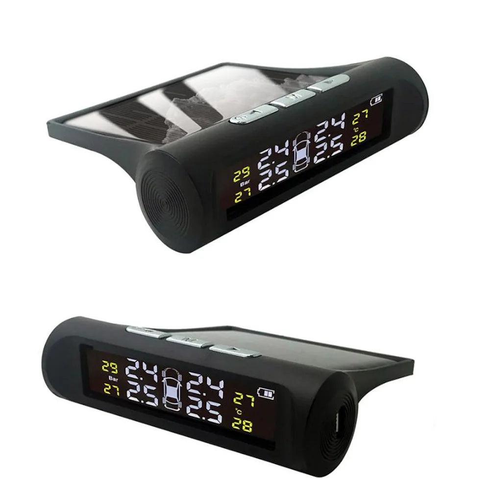 Système de surveillance de la pression des pneus de voiture, énergie solaire USB TPMS, LCD, 4 capteurs externes/internes pour SUV berline, avertissement de température