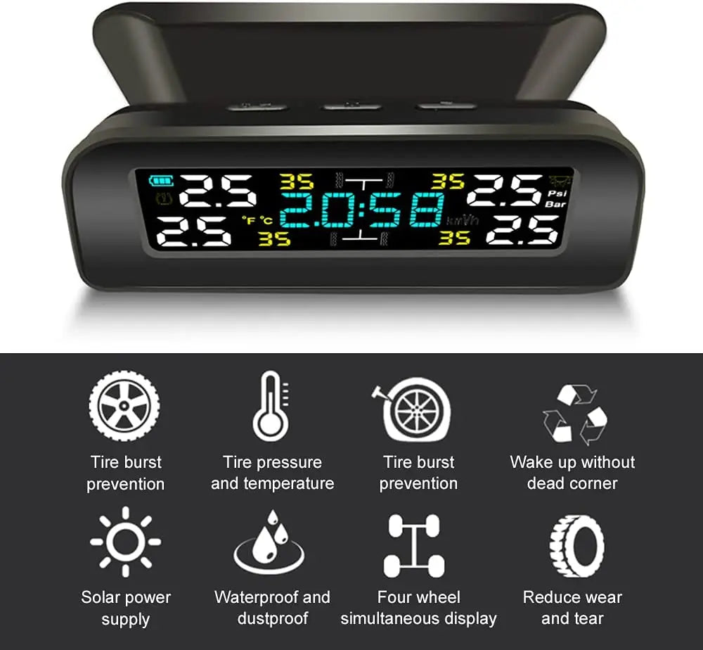 Système de surveillance de la pression des pneus sans fil TPMS universel, horloge à énergie solaire, écran LCD, 4 capteurs externes, capteurs de pression des pneus