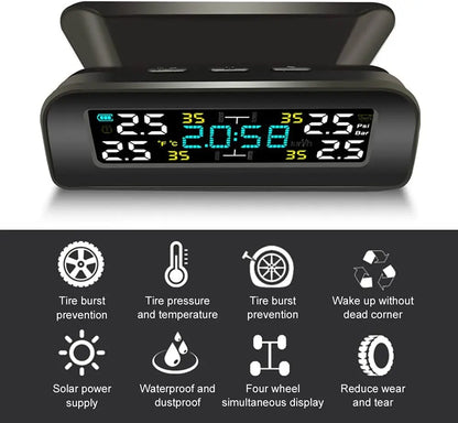 Système de surveillance de la pression des pneus sans fil TPMS universel, horloge à énergie solaire, écran LCD, 4 capteurs externes, capteurs de pression des pneus