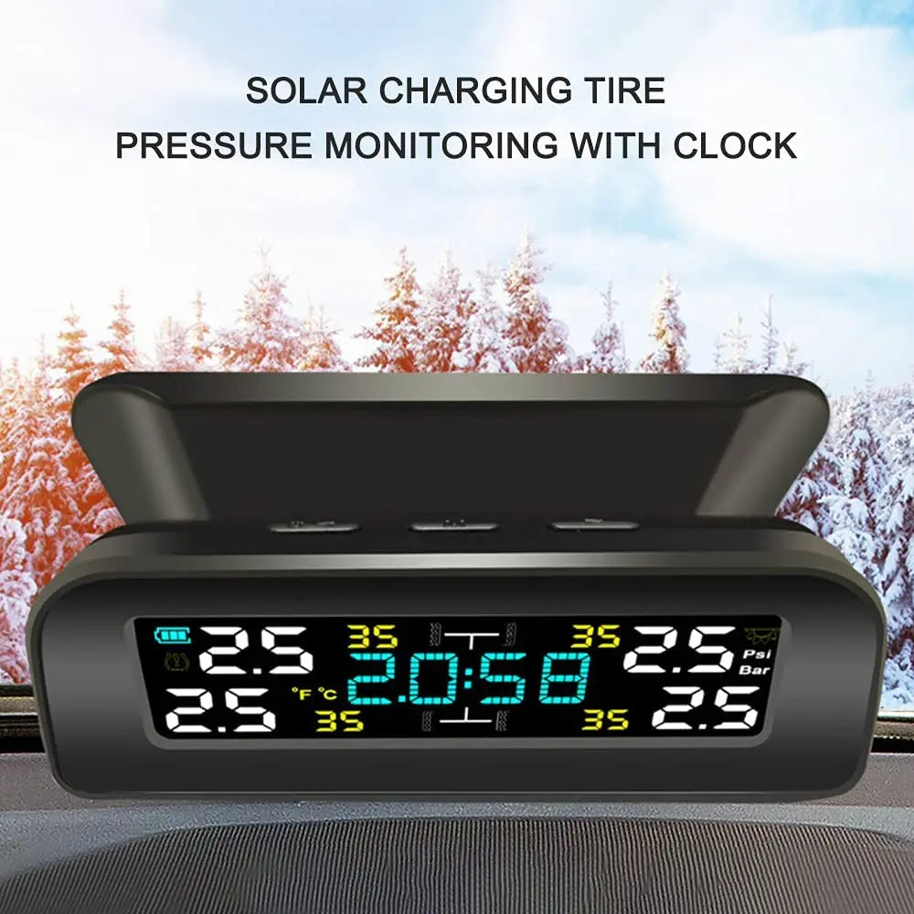 Système de surveillance de la pression des pneus sans fil TPMS universel, horloge à énergie solaire, écran LCD, 4 capteurs externes, capteurs de pression des pneus