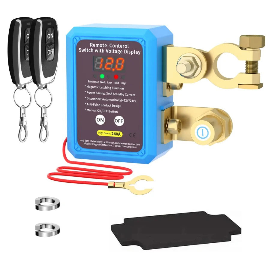 Interrupteur principal de batterie automatique avec télécommande, interrupteur d'arrêt 240A, interrupteur de déconnexion de batterie à distance 12V avec affichage de tension Led automatique