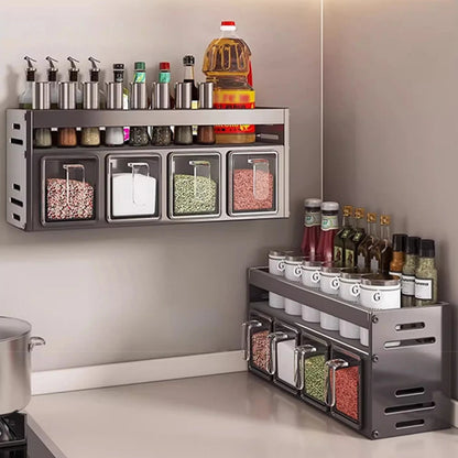 1 étagère d'assaisonnement de cuisine équipée, sans perçage, tenture murale, comptoirs, armoires, étagère de rangement d'assaisonnement multifonctionnelle