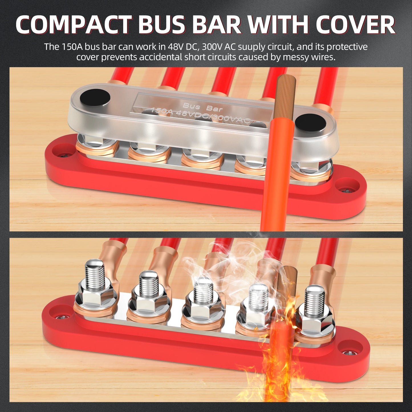 DaierTek Bus Bar 12V bloc de distribution d'énergie avec couvercle 5x1/4 "clous bornier Max 150A 48VDC positif négatif pour Auto