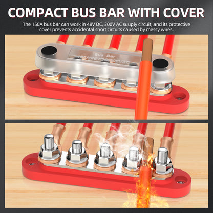 DaierTek Bus Bar 12V bloc de distribution d'énergie avec couvercle 5x1/4 "clous bornier Max 150A 48VDC positif négatif pour Auto