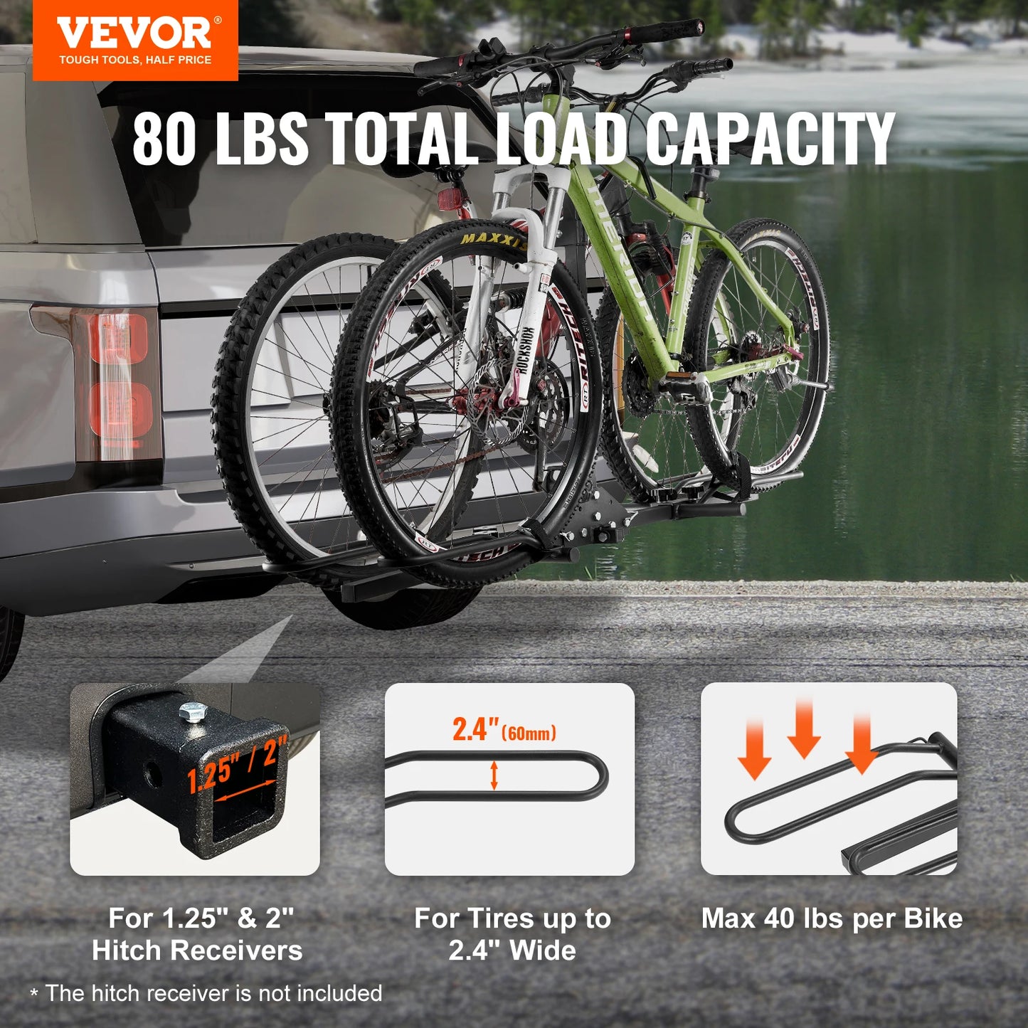 VEVOR Porte-Vélos pour 2 Vélos Porte-Bagages sur Attelage Capacité de Charge Maximale de 36 kg Compatible avec Receveurs de 30/51 mm pour Voitures SUV Camping-car Caravane Camion Voyage Déplacement