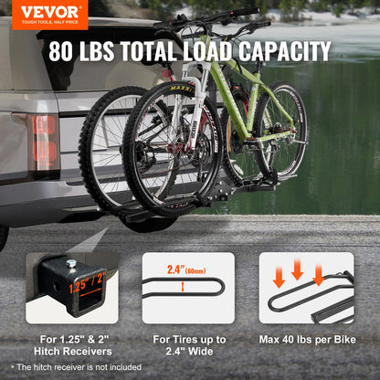 VEVOR Porte-Vélos pour 2 Vélos Porte-Bagages sur Attelage Capacité de Charge Maximale de 36 kg Compatible avec Receveurs de 30/51 mm pour Voitures SUV Camping-car Caravane Camion Voyage Déplacement