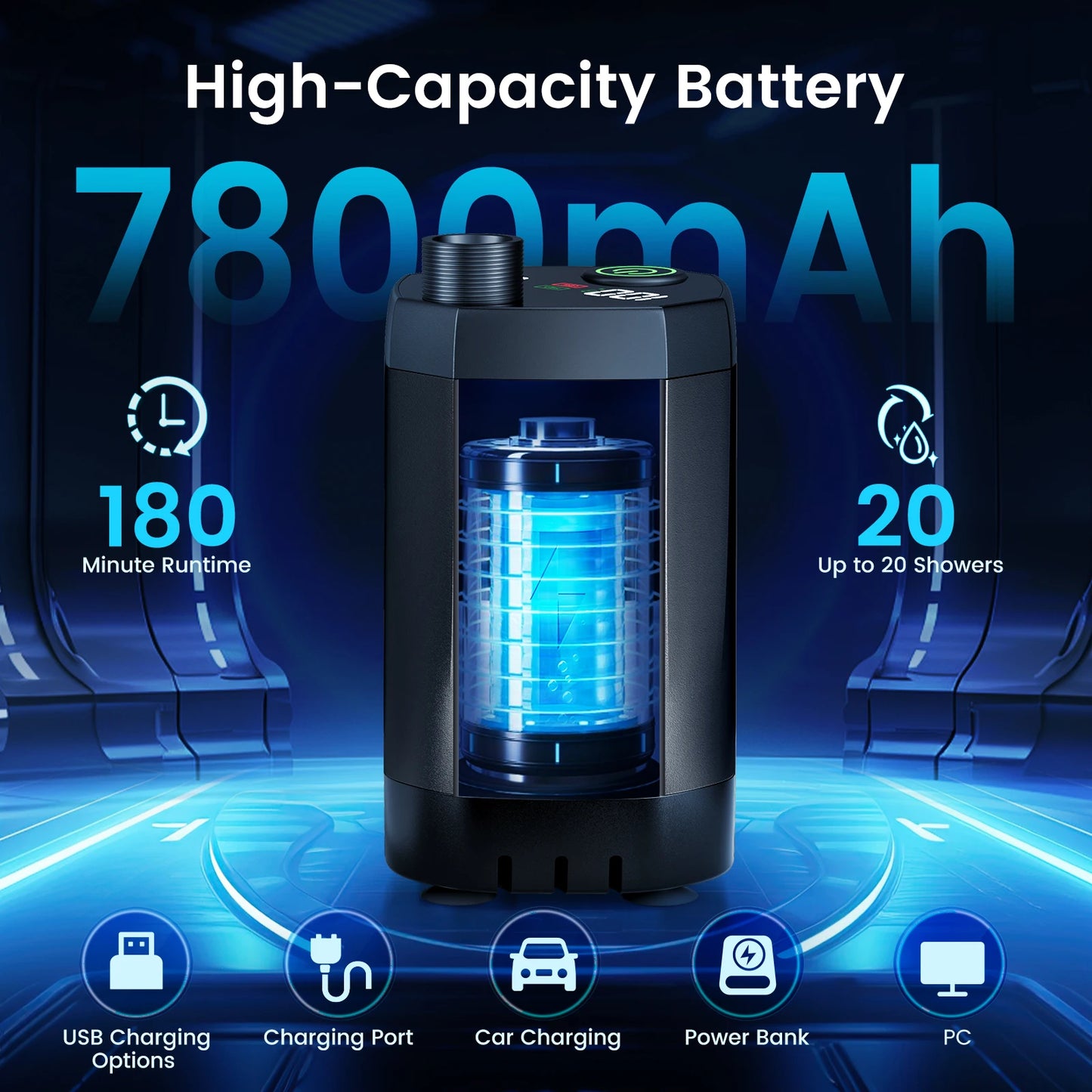 Douche de camping portable avec pompe rechargeable 6000 mAh et sac pliable 20 L Kit de douche extérieure pour voyage, jardin et lavage de voiture