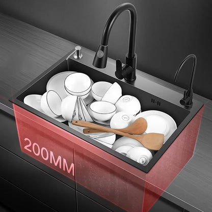 Évier de cuisine en acier inoxydable, bol simple, 50 x 45 cm, noir mat, avec tuyau et distributeur de savon