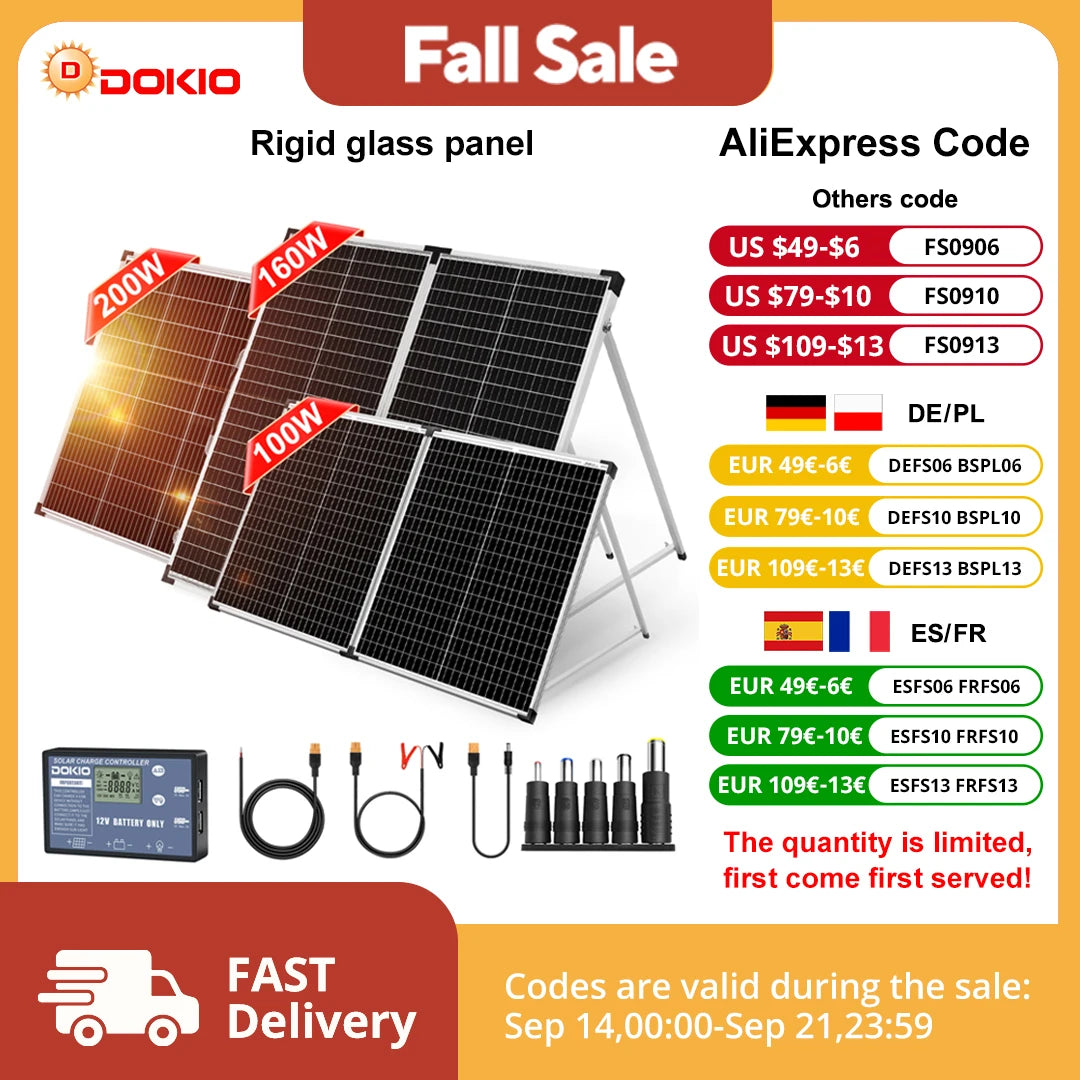 Dokio 100W 160W 200W panneau solaire pliable chine 10A/20A 12V contrôleur panneau solaire pliant cellule/système chargeur panneau solaire