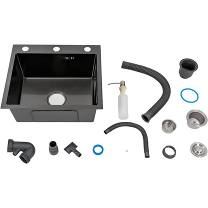 Évier de cuisine en acier inoxydable, bol simple, 50 x 45 cm, noir mat, avec tuyau et distributeur de savon