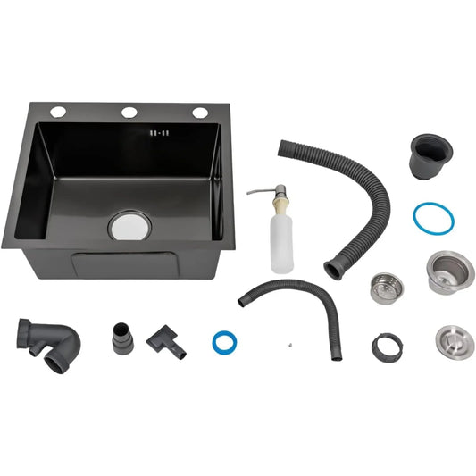 Évier de cuisine en acier inoxydable, bol simple, 50 x 45 cm, noir mat, avec tuyau et distributeur de savon