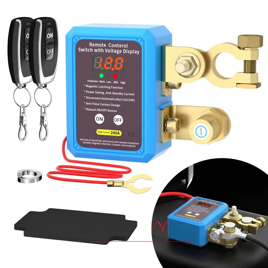 Interrupteur principal de batterie automatique avec télécommande, interrupteur d'arrêt 240A, interrupteur de déconnexion de batterie à distance 12V avec affichage de tension Led automatique