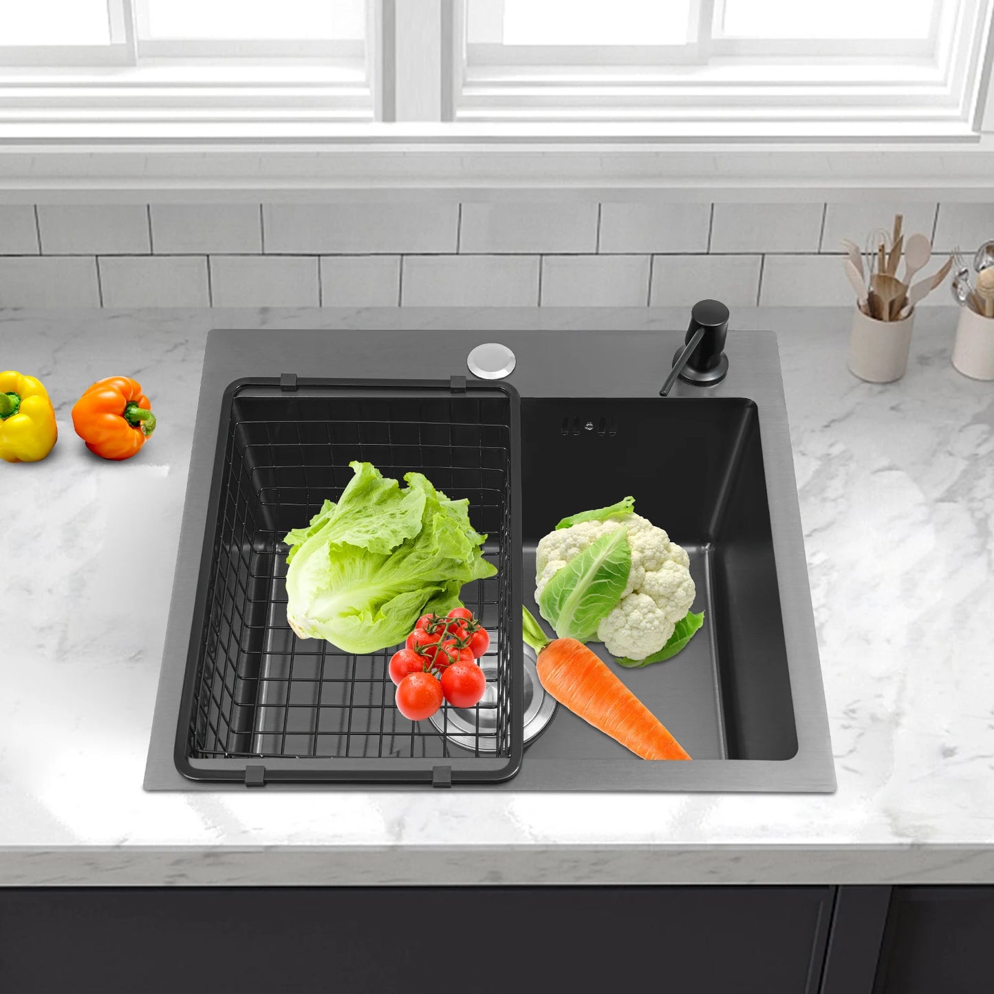 Évier en acier inoxydable noir 45x40 cm pour cuisine évier Commercial évier intégré évier en acier inoxydable avec distributeur de savon