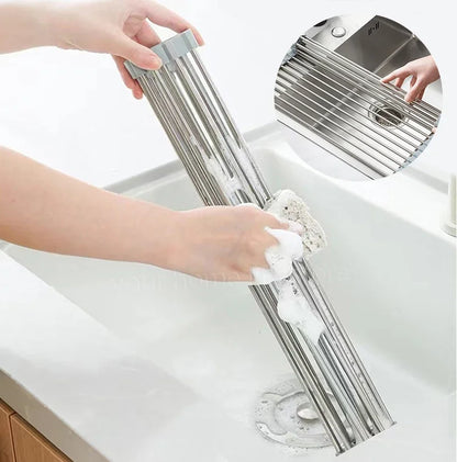 Accessoires de cuisine, égouttoir à vaisselle enroulable 304, étagère d'évier pliable en acier inoxydable, organisateur de rangement de cuisine, égouttoir d'assiettes de bol