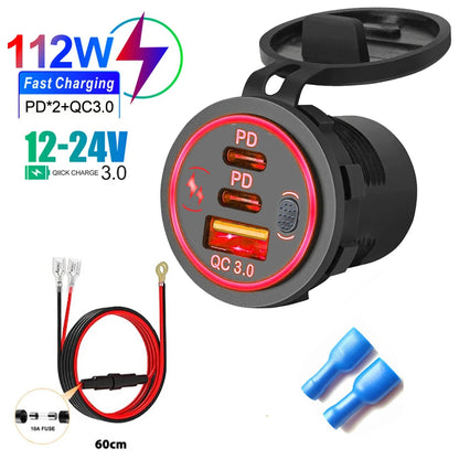 Prise de chargeur de voiture étanche avec interrupteur tactile LED, double ports USB C, charge rapide, adaptateur moto, PD3.0, QC3.0, 78W, 12V, 24V