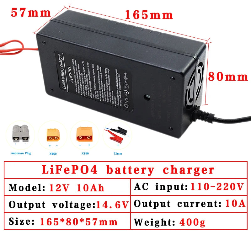 Chargeur haute puissance Lifepo4, 12V, 14.6V, 10A, 100-220V, 4S, pour batterie lithium fer phosphate 12.8V
