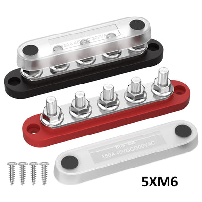 DaierTek Bus Bar 12V bloc de distribution d'énergie avec couvercle 5x1/4 "clous bornier Max 150A 48VDC positif négatif pour Auto