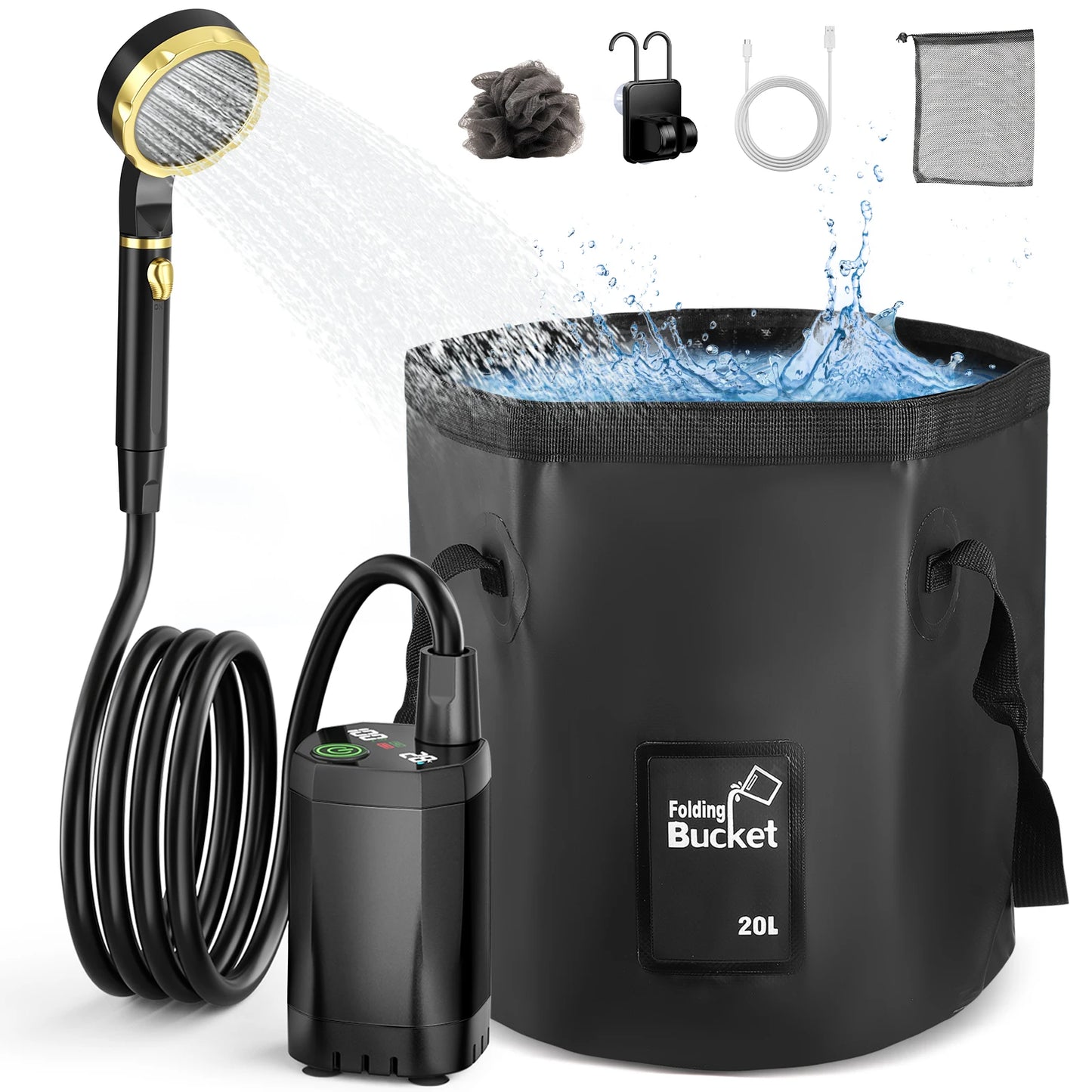Douche de camping portable avec pompe rechargeable 6000 mAh et sac pliable 20 L Kit de douche extérieure pour voyage, jardin et lavage de voiture