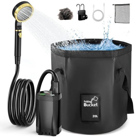 Douche de camping portable avec pompe rechargeable 6000 mAh et sac pliable 20 L Kit de douche extérieure pour voyage, jardin et lavage de voiture