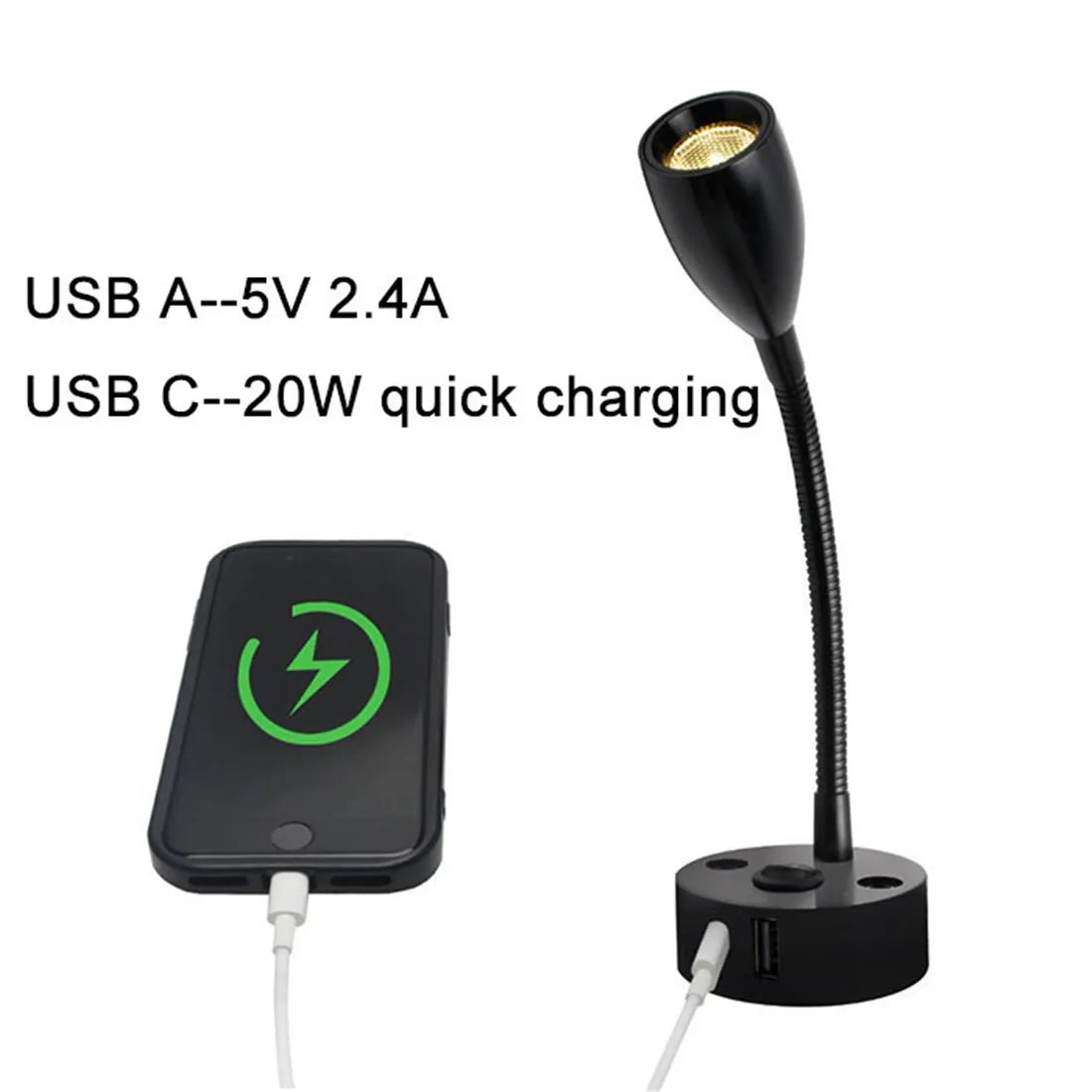 Lampe de lecture à col de cygne 12V pour camping-car, avec chargeur rapide USB Type C, lumière Flexible de 24 volts pour bateau, camping-car, Van, remorque, lumières intérieures