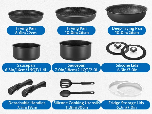 Batterie de cuisine à induction 13 pièces, ensemble de casseroles et poêles antiadhésives avec poignées amovibles, pour toutes les plaques de cuisson, conception empilable pour camping-car