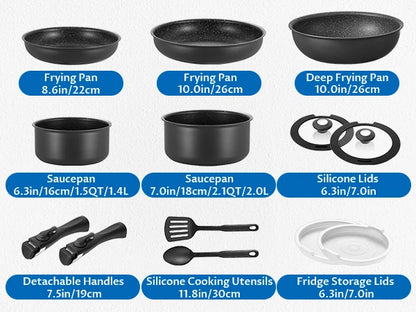 Batterie de cuisine à induction 13 pièces, ensemble de casseroles et poêles antiadhésives avec poignées amovibles, pour toutes les plaques de cuisson, conception empilable pour camping-car