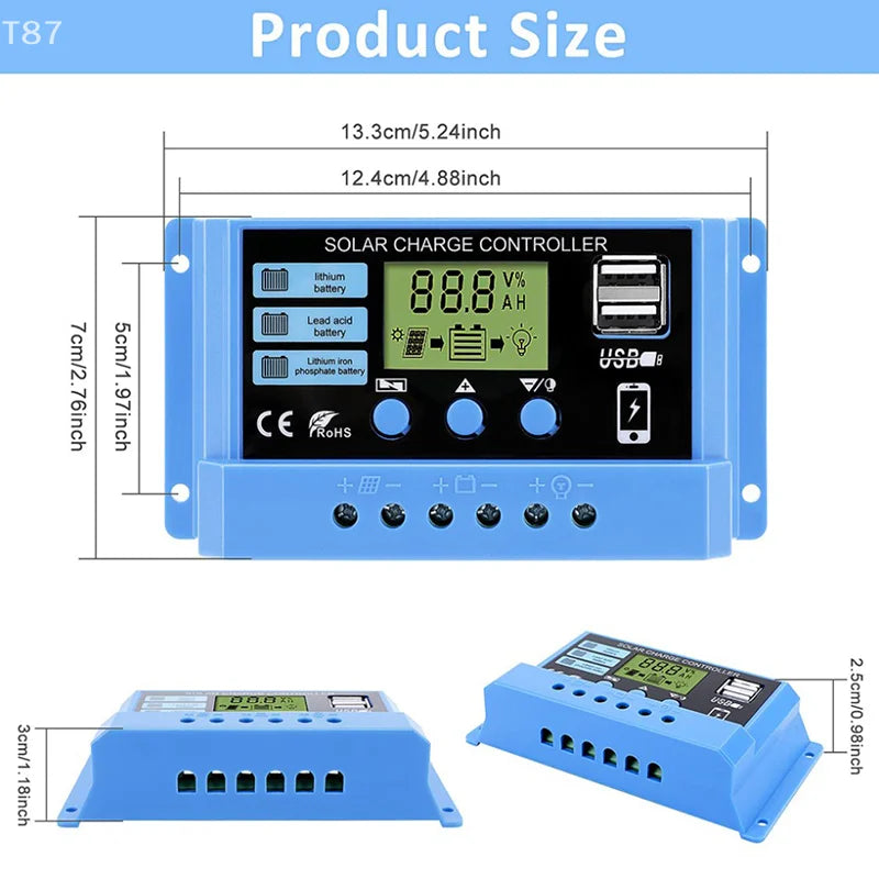 Régulateur solaire 12V/24V 30A 20A 10A, chargeur de batterie PWM, affichage LCD, double sortie USB 5V, contrôleur solaire