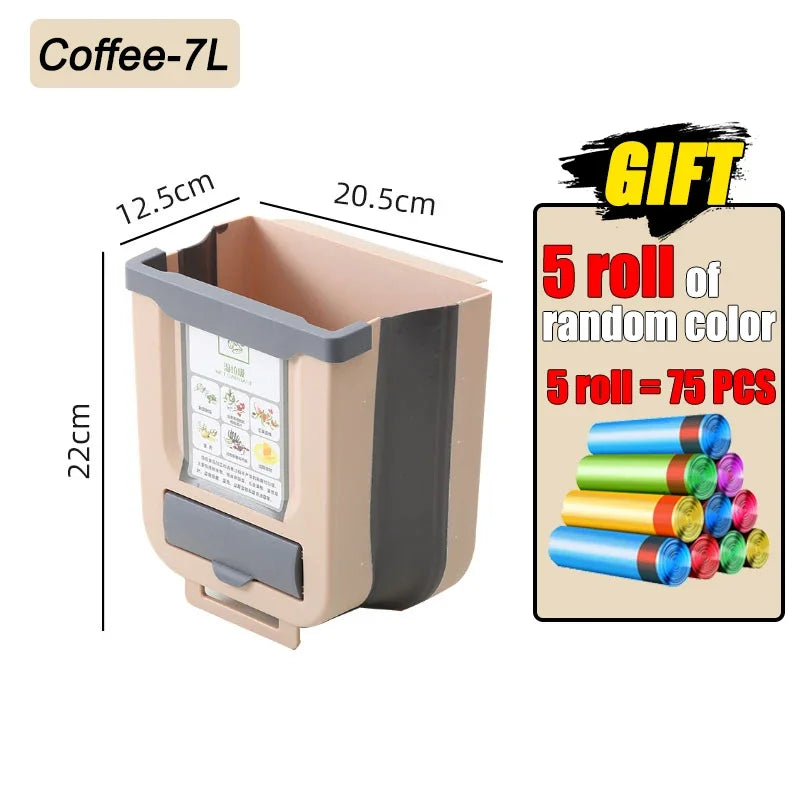 Poubelle pliable murale mince avec sac poubelle, conteneur en plastique suspendu pour cuisine et salle de bains, 7l/10l