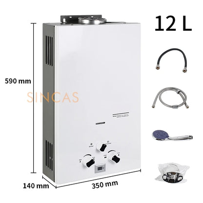 Chauffe-eau Instantané Sans Réservoir au Gaz Propane, Kit de Pommeau de Douche, Camping en Plein Air, 7 L, 8 L, 10 L, 12L