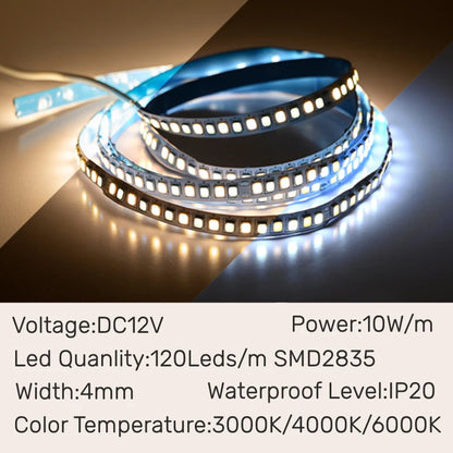 Bande Lumineuse LED Étroite PCB Super Mince, Ruban Flexible, Blanc Chaud/Naturel/Froid, DC12V SMD2835, 120 Diodes/m, 5m/Rouleau, 4mm