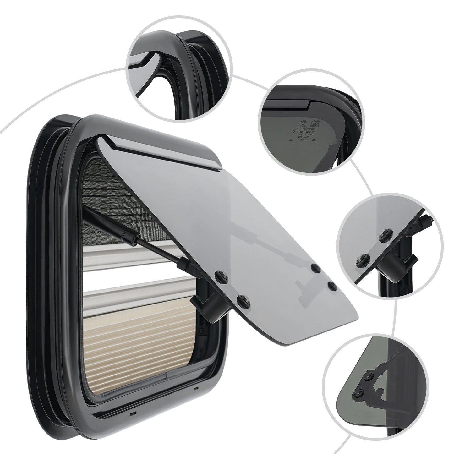 Fenêtre push-out RV en alliage d'aluminium verre trempé 85 °   Ouverture 18% Transmission de lumière avec pare-soleil pour camping-car caravanes