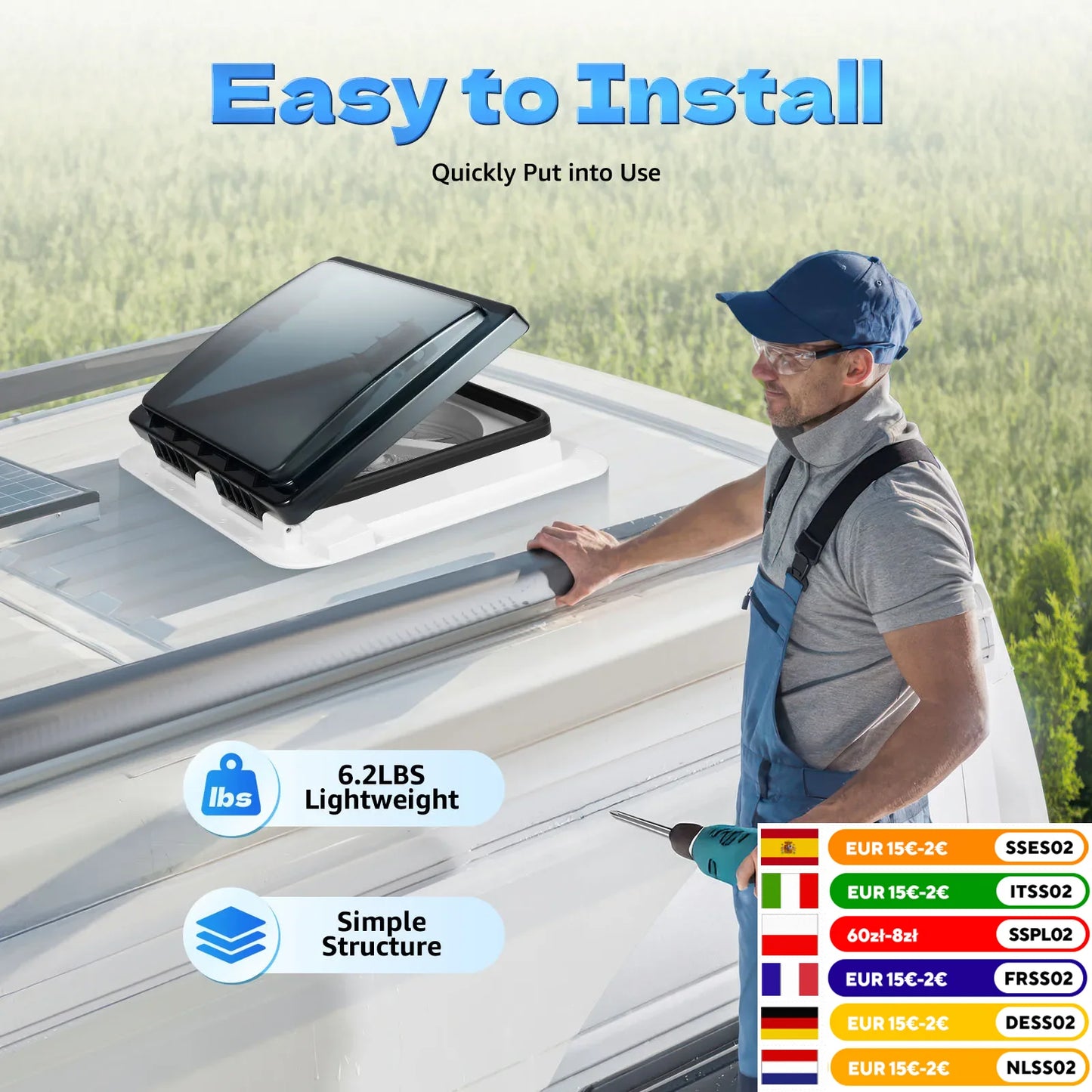 Ventilateur de toit pour camping-car, 11 pouces, 12V, avec lumière LED et filet anti-insectes, contrôle manuel, ventilateur d'extraction de plafond, couvercle de fumée, IP68