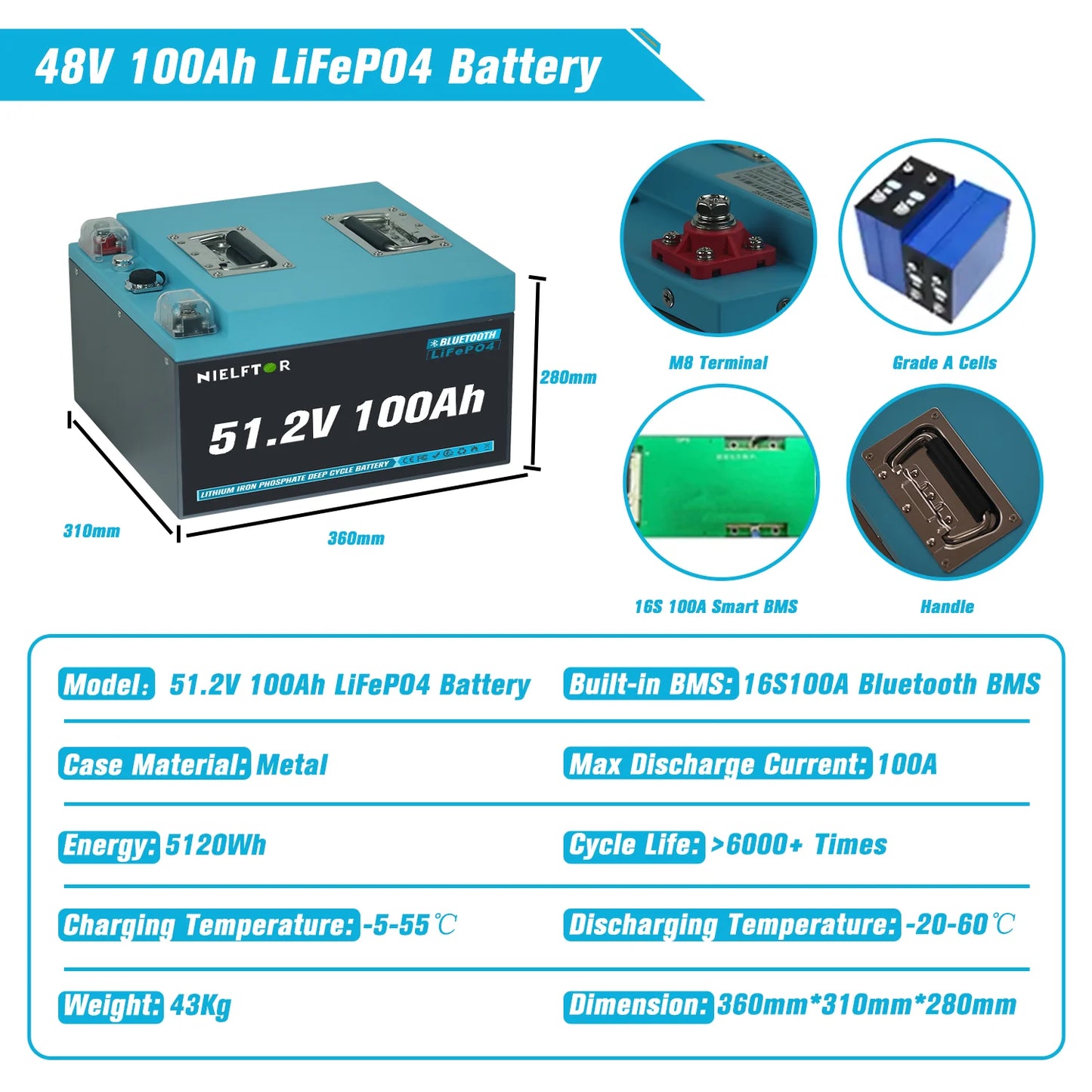 Batterie LiFePO4 12V 24V 48V 100Ah 200Ah 300Ah, BMS intégré, cellules de qualité A, 6000 + Cycle PL, Stock ue