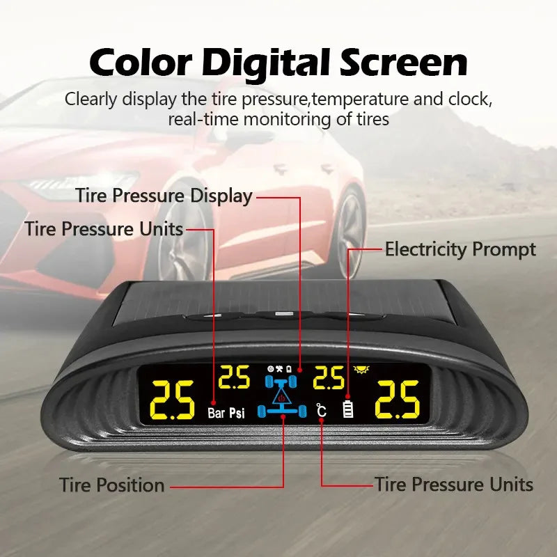 Système de surveillance TPMS de la pression des pneus de voiture SPY, horloge numérique solaire, affichage LCD, système d'alarme de sécurité de la température de la pression des pneus de voiture