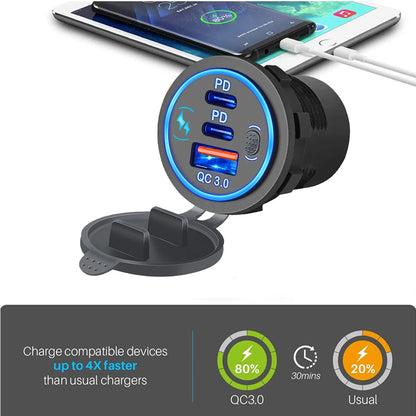 Prise de chargeur de voiture étanche avec interrupteur tactile LED, double ports USB C, charge rapide, adaptateur moto, PD3.0, QC3.0, 78W, 12V, 24V