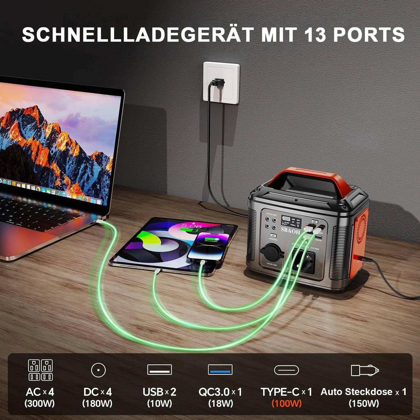 Centrale électrique portable SBAOH 296Wh/300W, prise de courant 110V à onde sinusoïdale pure! Panneau solaire 60 W inclus, sauvegarde camping/coupe d'énergie