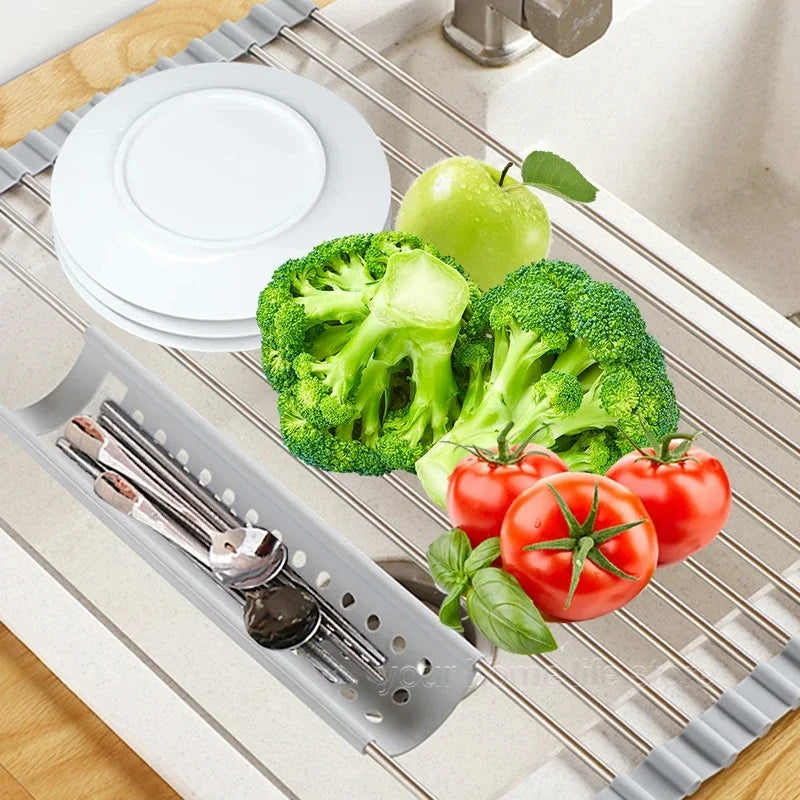 Accessoires de cuisine, égouttoir à vaisselle enroulable 304, étagère d'évier pliable en acier inoxydable, organisateur de rangement de cuisine, égouttoir d'assiettes de bol
