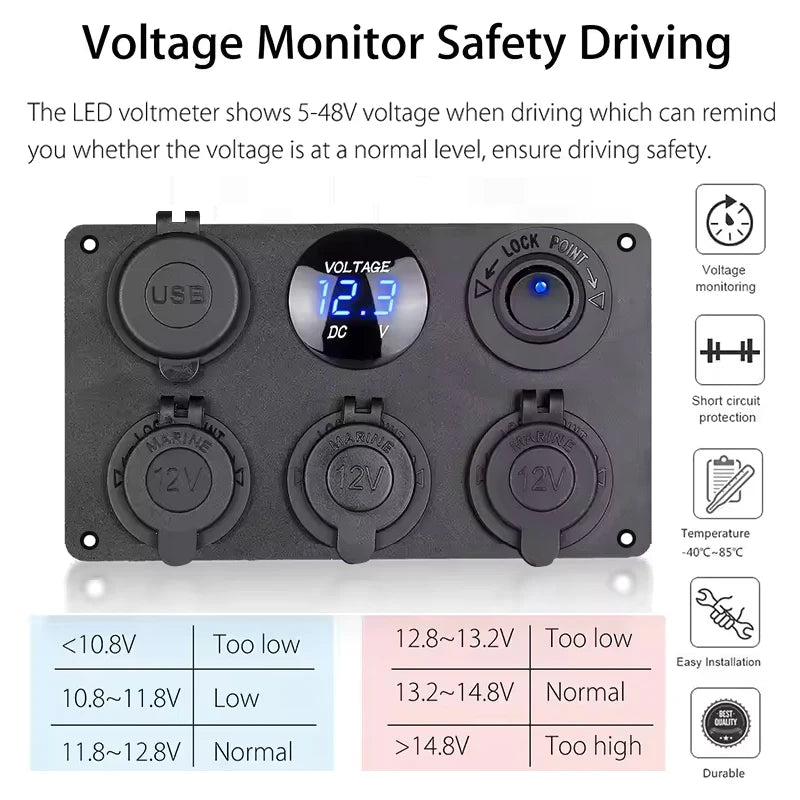 Allume-cigare multi-panneau 12V, prise de courant, prise de chargeur USB 4,2a, voltmètre, panneau de commutation pour camion, camping-car, Marine
