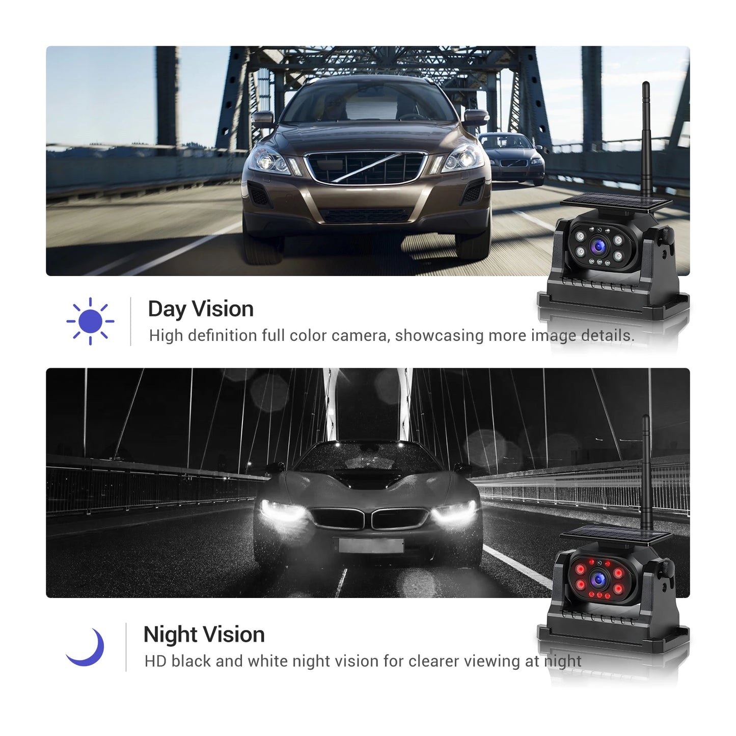 Podofo caméra de recul de voiture WiFi sans fil bande solaire batterie 1080P Vision nocturne infrarouge caméra de sauvegarde magnétique pour universel