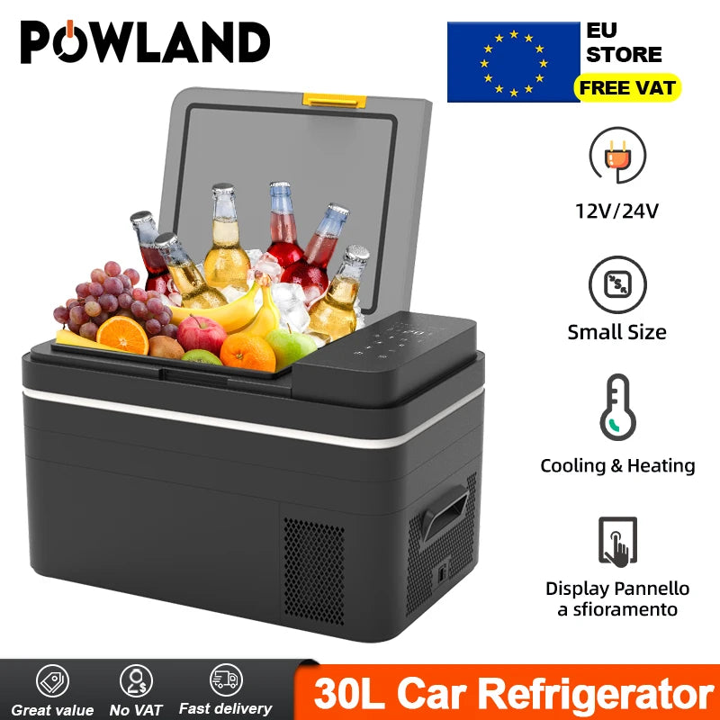Powland-Réfrigérateur électrique portable pour voiture, 30L, 12V, compresseur, réfrigérateur, congélateur 12, 24V DC, 100-240V AC, refroidisseur pour camping, voyage