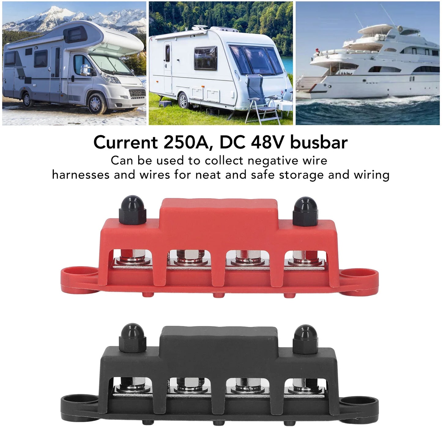 Borne de barre omnibus avec couvercle, alimentation de la batterie, nuits de distribution, vis M8 4, automobile, bateau, camion, automobile, automobile, 12V-48V DC, 250A, 2 pièces