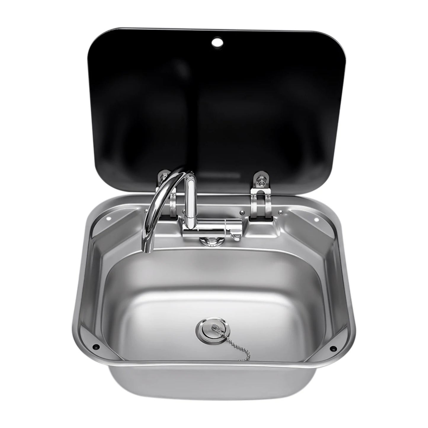 Lavabo à main en acier avec robinet avec robinet plié, couvercle en verre trempé, accessoires de remorque de camping-car pour caravane ou bateau RV