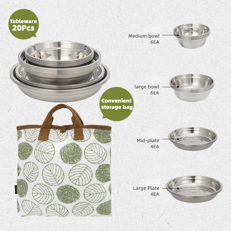 Ensemble d'assiettes en acier inoxydable 304, 16 pièces, 20 pièces, vaisselle de Camping, visite autonome, barbecue, bassin à soupe domestique, ensemble de plats, nouveauté