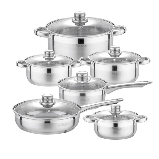Velaze – ensemble d'ustensiles de cuisine, ensemble de 12 pièces, casseroles et poêles en acier inoxydable, sans danger pour l'induction, casserole, Casserole, avec couvercle en verre