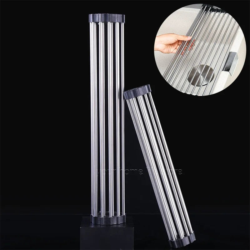 Accessoires de cuisine, égouttoir à vaisselle enroulable 304, étagère d'évier pliable en acier inoxydable, organisateur de rangement de cuisine, égouttoir d'assiettes de bol